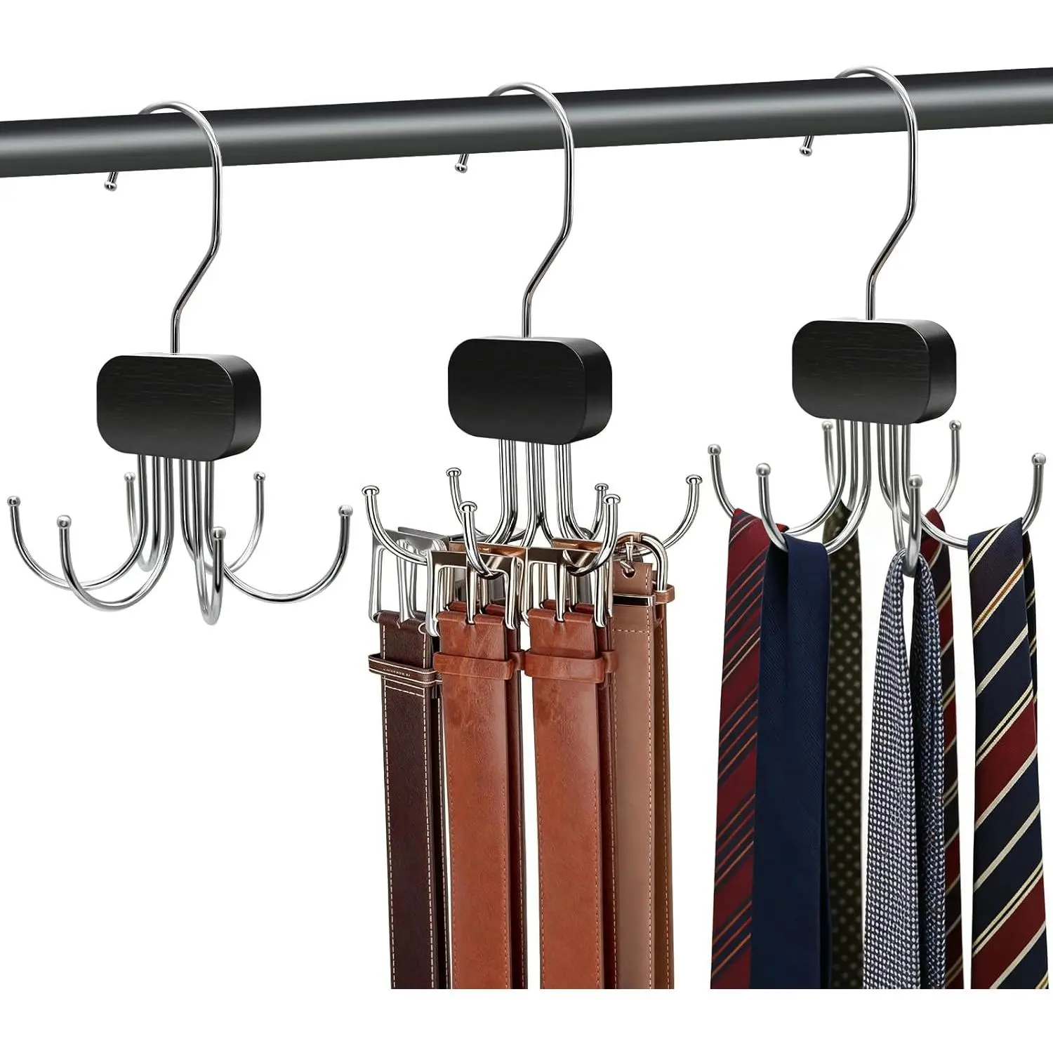 3 Pack Belt Hanger for Closet Organizer, 2026 Upgraded Tie Hangers for Space Saving & Storage, 360? Rotatable & Foldable Hooks, Large Capacity Rack for  Top, Bra, Purse (Black)