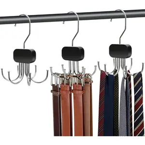 3 Pack Belt Hanger for Closet Organizer, 2026 Upgraded Tie Hangers for Space Saving & Storage, 360? Rotatable & Foldable Hooks, Large Capacity Rack for  Top, Bra, Purse (Black)