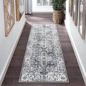 【GARVEE】Runner Rug Washable Vintage Distressed Hallway Runner Rug Entryway Rug, Stain Resistant Non-Slip Medallion Boho Bedroom Rug Runner Entrance Carpet for Laundry Kitchen, Grey, 2' x 6'