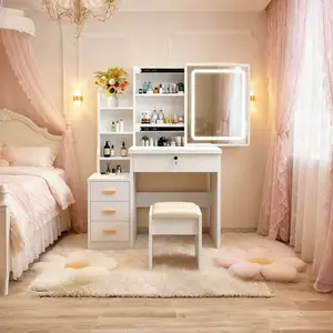 Vanity Desk with Mirror LED Power Outlet 3 Layer Jewelry Box 4 Drawers  Open Shelves 3 Color Modes Adjustable Brightness for Bedroom Women White Mother's Day Gift tiktokshopspringglowup