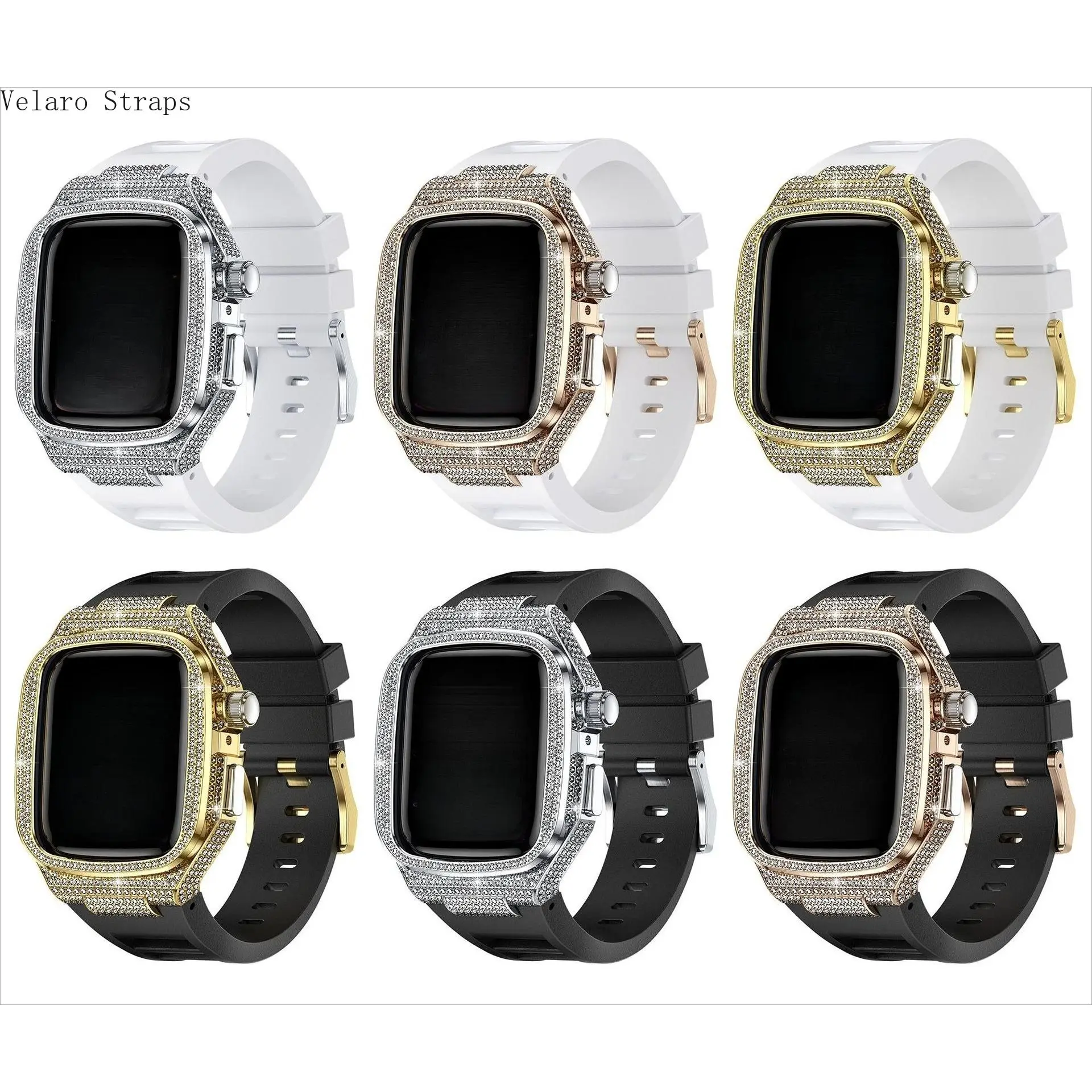 Premium Liquid Silicone Band, Diamond-Encrusted Case Accessory Set for Apple Watch