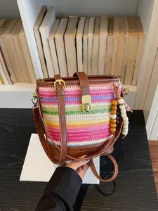 Boho Striped Straw Bucket Bag, Summer Grass Crossbody Handbag with Wooden Bead Pendant, Casual Colorblock Design, Perfect for Beach Trips, Elegant Straw Bag