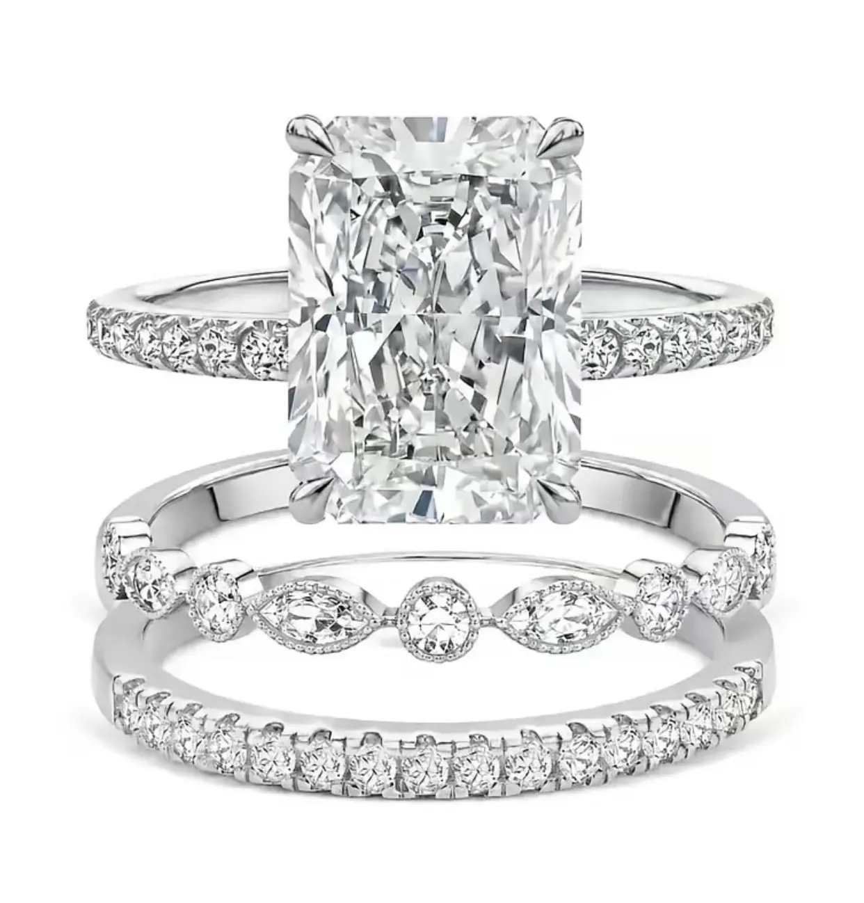 3 Piece Radiant Cut Zircon Bridal Ring Set Stackable Silver Wedding Engagement Promise Rings For Women Square Crystal Zircon Bridal Ring Set, Sparkly Engagement & Promise Rings, Luxury Fashion Jewelry Gift for Her