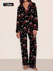 Women's Highland Cow Christmas Pajamas Set, Winter Thermal Long Sleeve Fitted Loungewear Nightwear Homewear, Elastic Waist Pants, Black Soft & Cute Outdoor Christmas Costume, with Christmas Animal Hat, Tree, Snowflake, Candy Prints, Christmas Gift