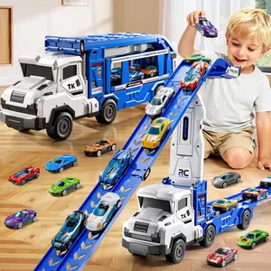 Toddler Car Truck Toys for Boys Foldable 2 Layer Carrier Transport Car with 6 Metal Cars Dual-Track Model Ramps Christmas Birthday Gift for Boys Girls