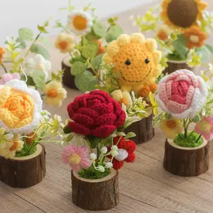 Handmade Crochet Sunflower Flower Pot, Cute Knitted Flower Desk Decor, Aesthetic Mini Potted Plant, Forever Flower Gift for Room Decor, Office & Birthday Gift