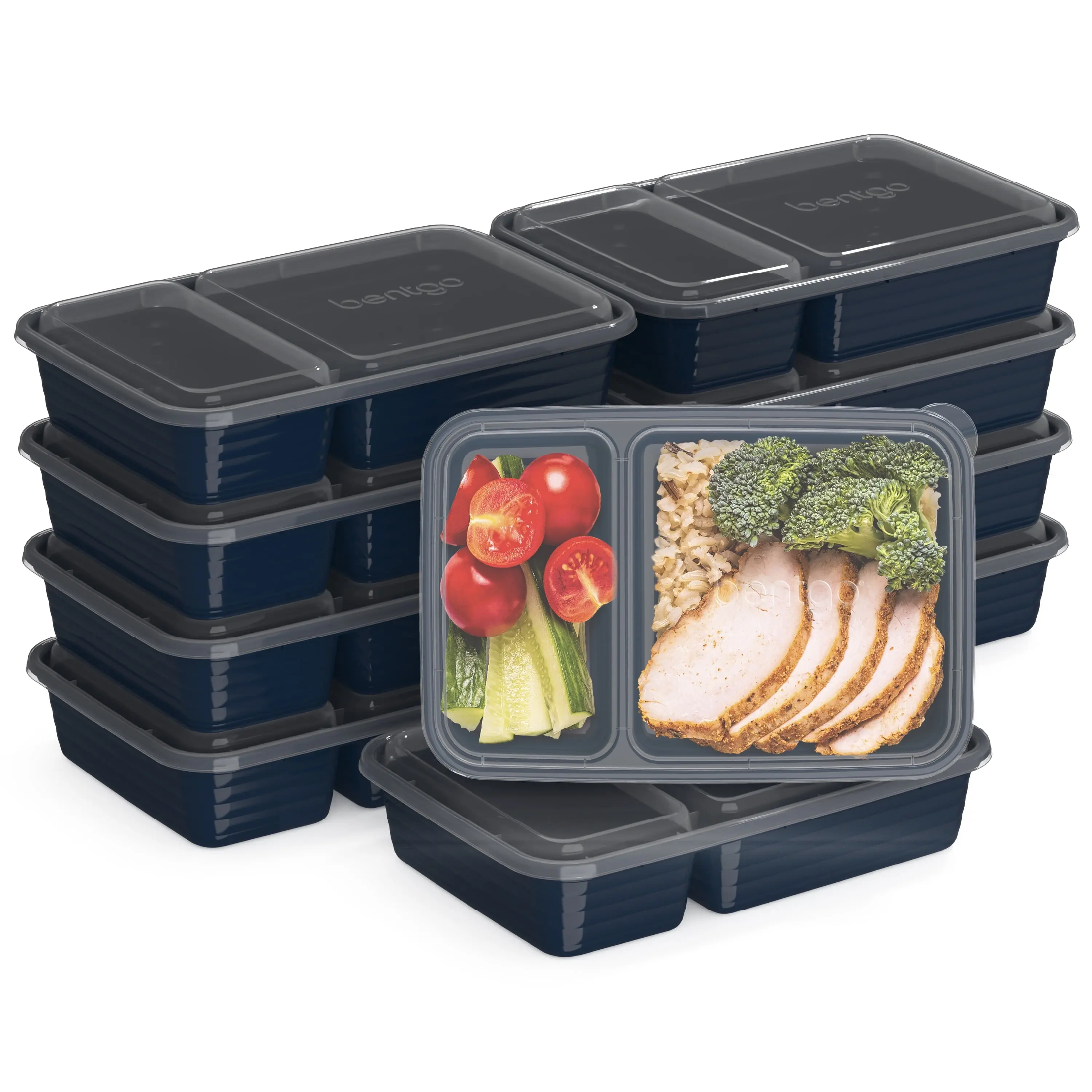 Bentgo® Prep 2-Compartment Containers - 20-Piece Meal Prep Kit with 10 Trays & 10 Custom-Fit Lids - Durable Microwave, Freezer, Dishwasher Safe Reusable Bpa-Free Food Storage Containers (Navy Blue)