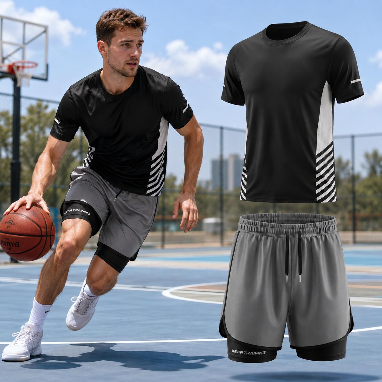 Men's 2-Piece Polyester Plain Workout Set - Quick Dry Gym T-Shirt, 2-in-1 Athletic Shorts with Liner & Phone Pocket for Running, Training