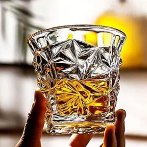 Diamond Whiskey Glasses Set of 2, 10oz Crystal Old Fashioned Rocks Cocktail Glasses Barware for Drinking Scotch Bourbon Rum (Ice cubes style), Gift for Men & Women