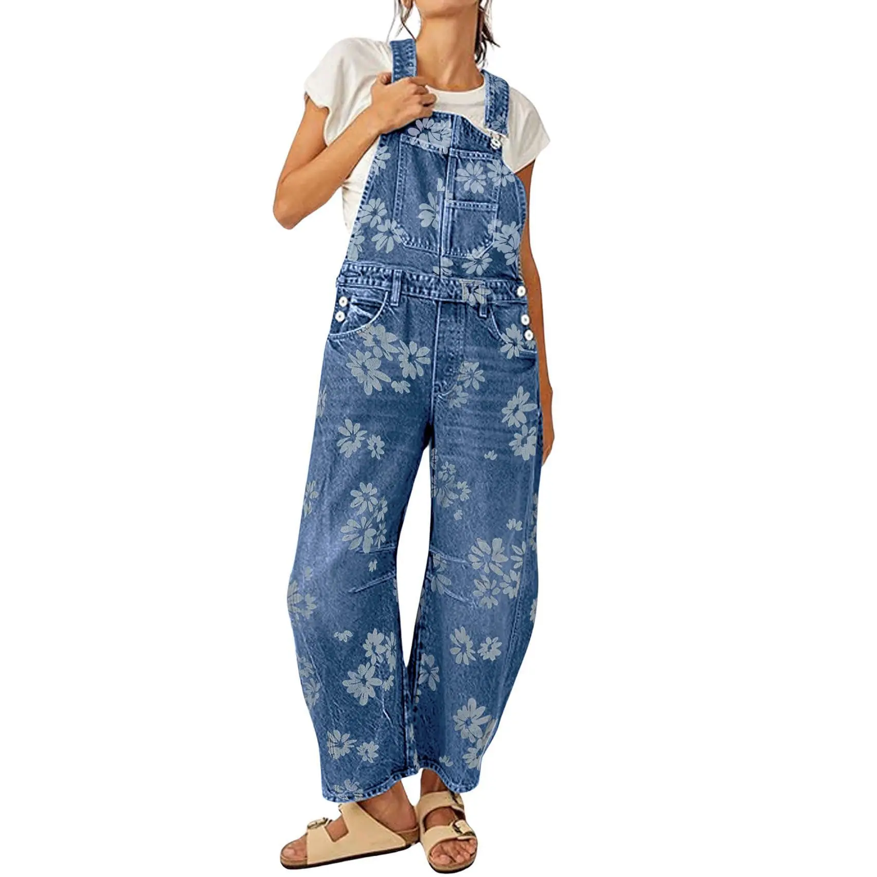 Chouyatou Women Y2K Floral Patchwork Denim Overalls Baggy Barrel Wide Leg One Piece Jumpsuit with Adjustable Straps