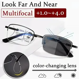 1 Pair Fashionable Unisex Multifocal Photochromic Reading Glasses, Ultra-light. Flexible Memory Temple Arms, Anti-glare  1.0 to  4.0 Strength, Semi-rimless Rectangular Design, Metal Hinges