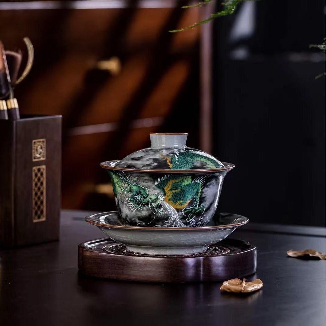 Old Ceramic Tea Bowl with Lid Ink Wash Cloud Dragon Design Jianzhan Ware Traditional Chinese Tea Set