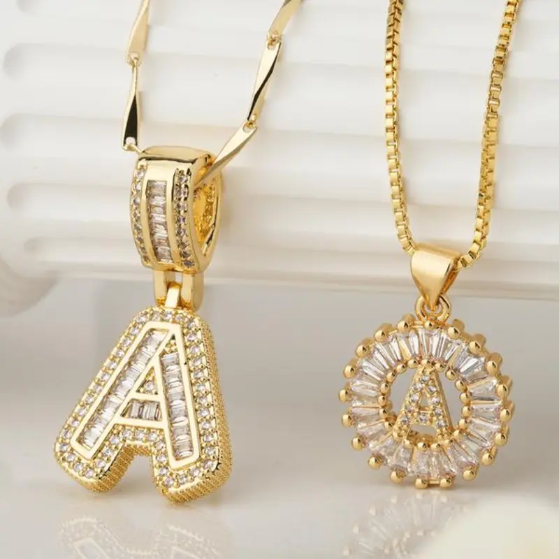 Women's Elegant Zircon-Inlaid Letter Pendant Necklace Set, Sparkling Round Flower and Block Letter Designs, Copper Chains, Available in 26 Letters, All-Season Fashion Jewelry and Gift