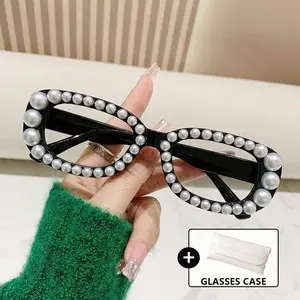 VIOLA MAG Retro Pearl Decorated Reading Glasses, Women's Fashion Cat Eye Reading Glasses, Includes Case