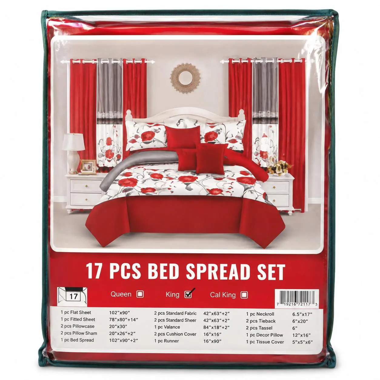 17 Piece King Bedspread Set with Matching Curtains, Decorative Pillows & Bedroom Accessories – Soft Polyester Floral Bedding Set – Red White Black