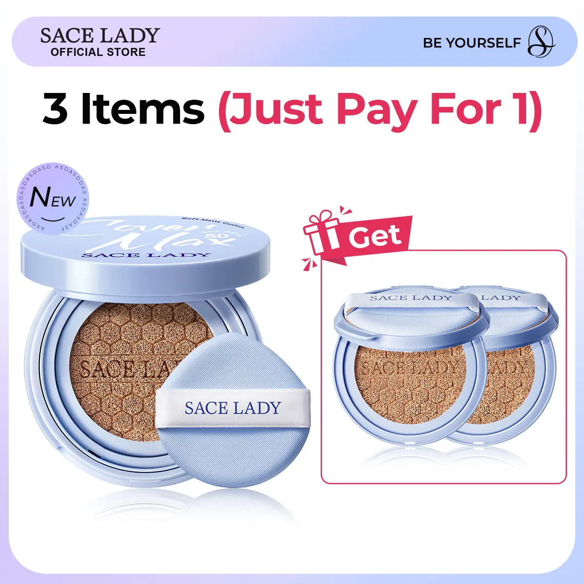 SACE LADY CoverMax Soft Matte Cushion 3-in-1 Foundation Sunscreen Concealer SPF50 PA+++ 24H Long Lasting High Coverage Waterproof & Oil Control Flawless Natural Makeup Summervibes