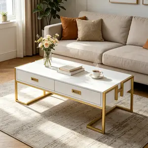 47.3 Inch White Rectangular Coffee Table with 4 Storage Drawers and Gold Metal Base, Stylish Center Table for Living Room, Lounge and Reception Space
