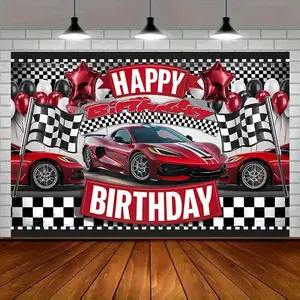 1pc 2D Flat Racing Theme Party Banner - Vibrant Red Sports Cars & Checkered Flag Design, Polyester Birthday Background Decoration for Home, Room, Wall, and Party Decor, Includes Festive Balloons