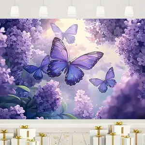 1pc Purple Butterfly & Lily Tree Polyester Party Backdrop Banner - Elegant Home, Festive Supply for Birthday, Photo Booth Events - Indoor, Outdoor Use