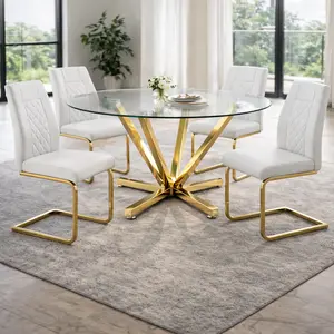 45.3" Round Tempered Glass Dining Table with Gold Metal Legs, Modern Kitchen Table for 4-6 People, Space-Saving Design for Living Room Dining Room, Easy Assembly