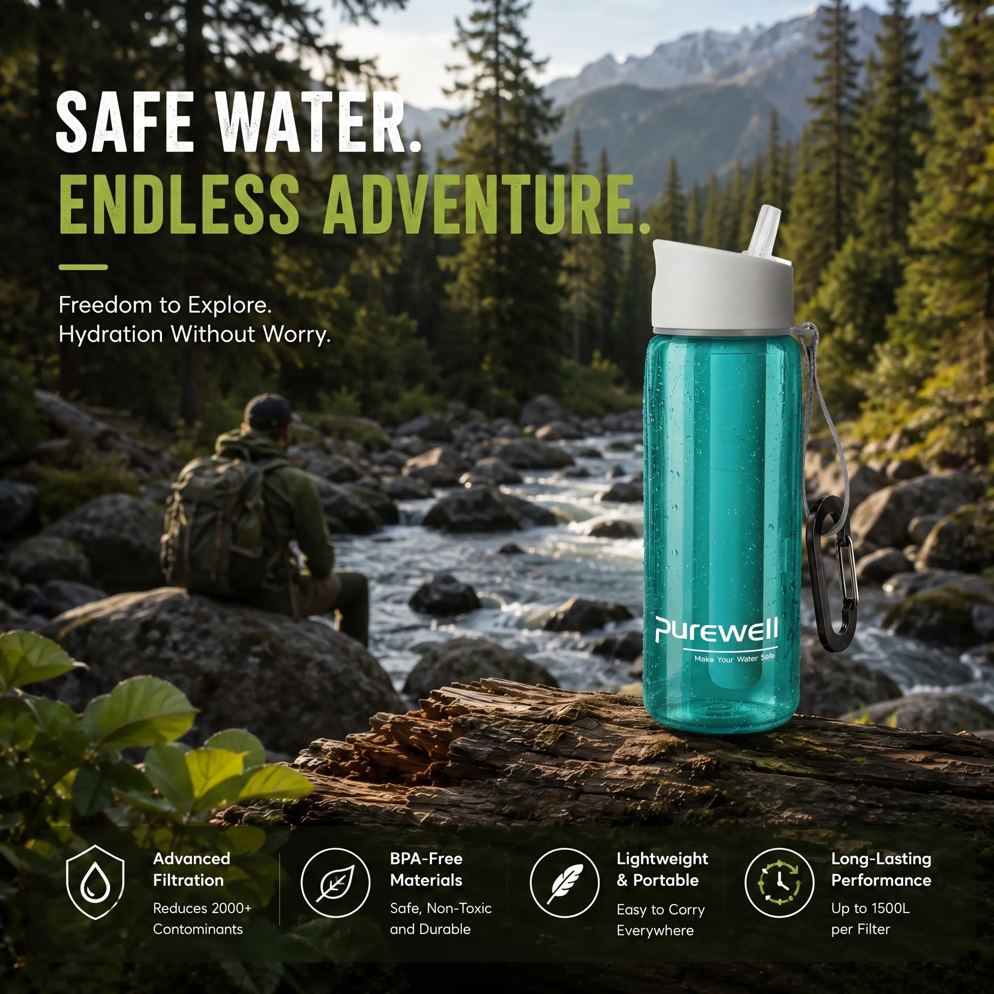 Purewell Unisex 22oz Leakproof Single Plastic Water Filter Bottle - 5-Stage BPA-Free Purifier for Camping, Survival Kits, Outdoor Adventures