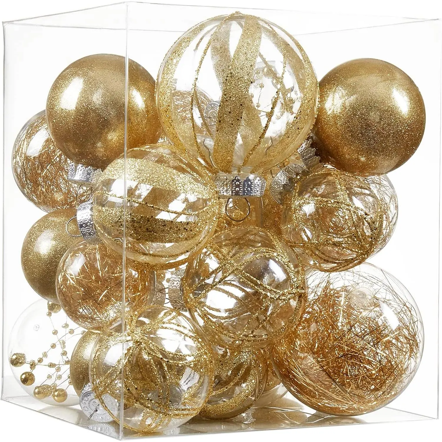 24 Pcs Clear Christmas Ornaments Shatterproof Plastic Hanging Xmas Tree Baubles Set with Glittering Stuffed Decorations for Holiday Party Home Decor Gift
