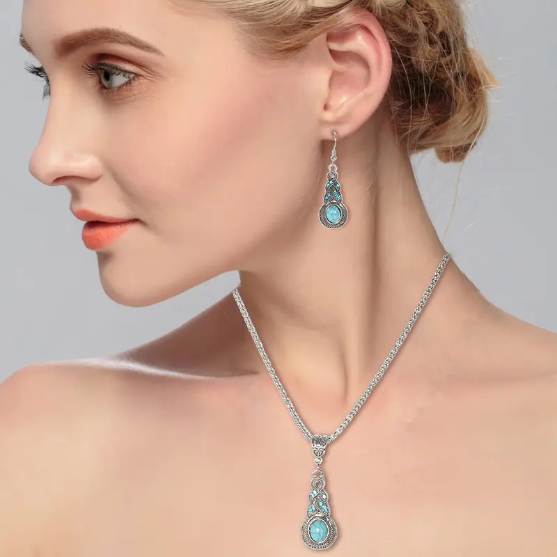 Jewelry Set with Vintage Pattern, Blue Crystal Jewelry, Turquoise Gourd Necklace and Earrings