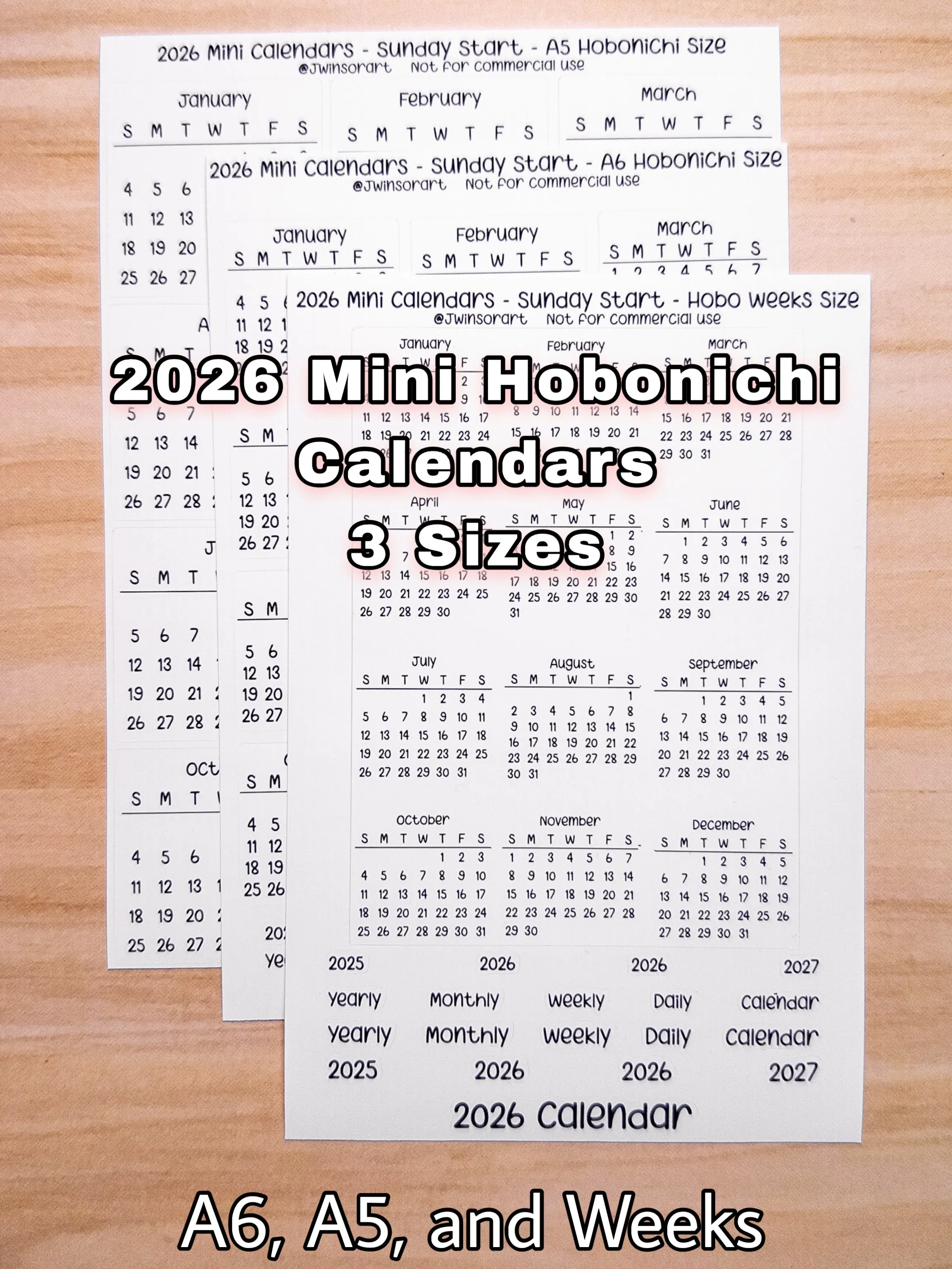 2026 Hobonichi A5, A6, Weeks Mini Calendars - Sticker Sheet for Planner, Bullet Journal, and Scrapbooking (Jan-Dec)