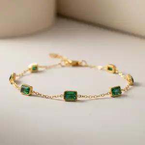 Dainty Emerald Bracelet – Minimalist Green Baguette Bracelet in Gold – May Birthstone Jewelry – Adjustable Everyday Bracelet