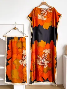 Elegant Long Robe Set with Multicolor Floral Print Shawl, Moomoo Dress + Headscarf Silk Scarf, Boho Style Beachwear for All Seasons