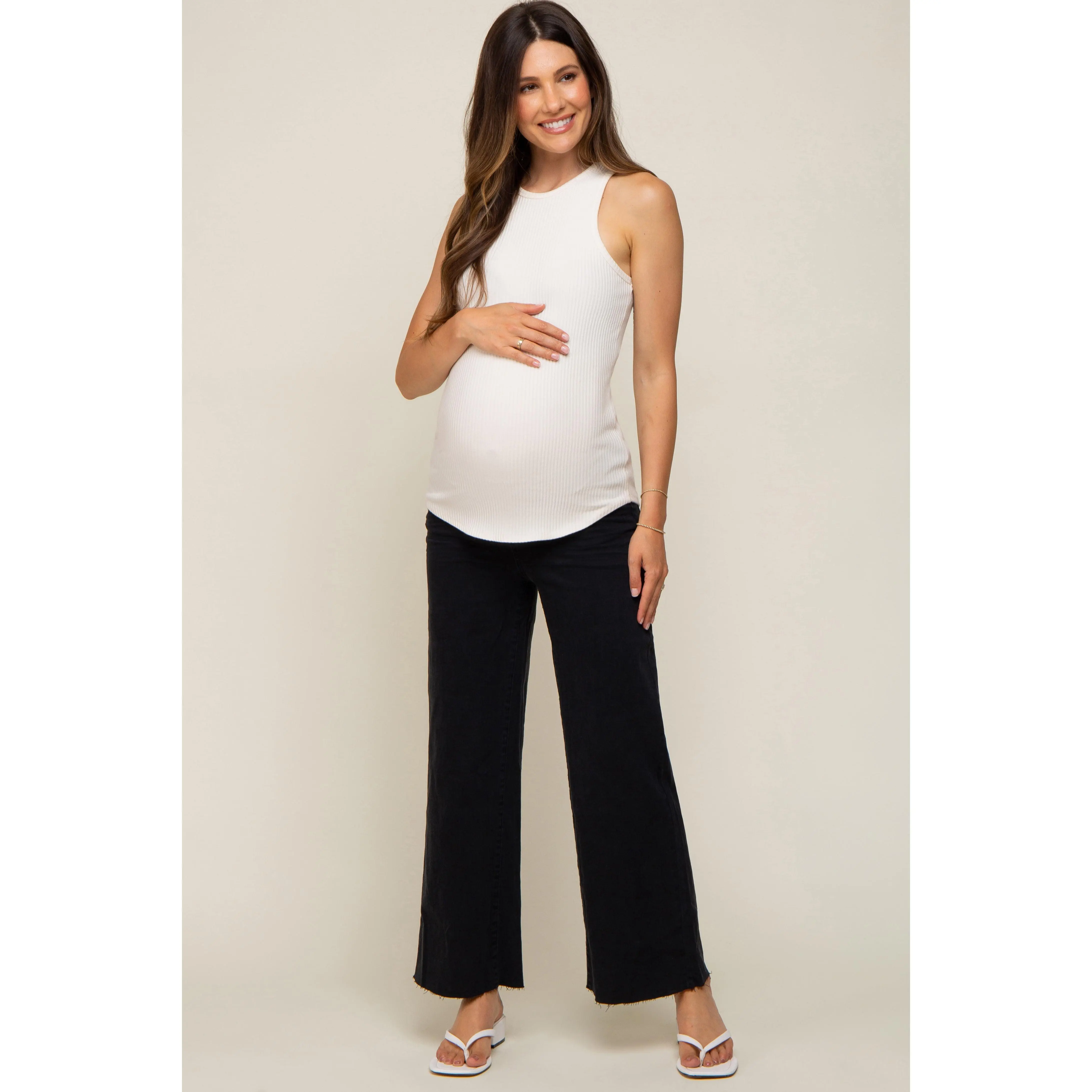 Black Wide Leg Raw Hem Maternity Jeans
