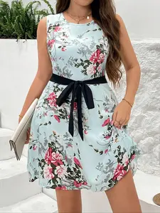 Plus Size Women's Fashion Floral Print Woven Dress, Elegant Long Sleeve A-Line Maxi Dress, Casual Summer Dresses for Ladies, Womenswear