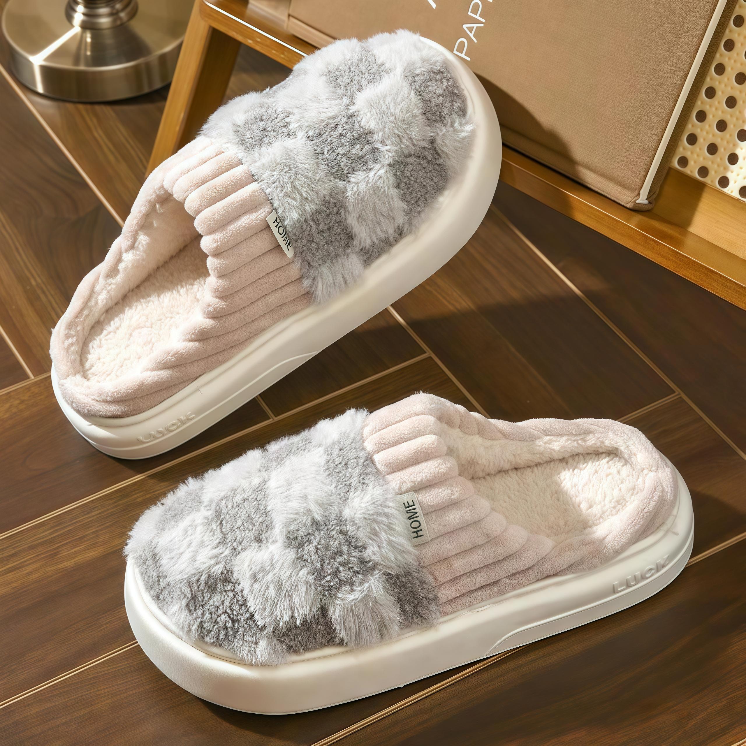 Fuzzy Warm Winter Slippers for Women Men Soft Plush Lined Comfy Thick Non-Slip House Shoes Indoor Outdoor