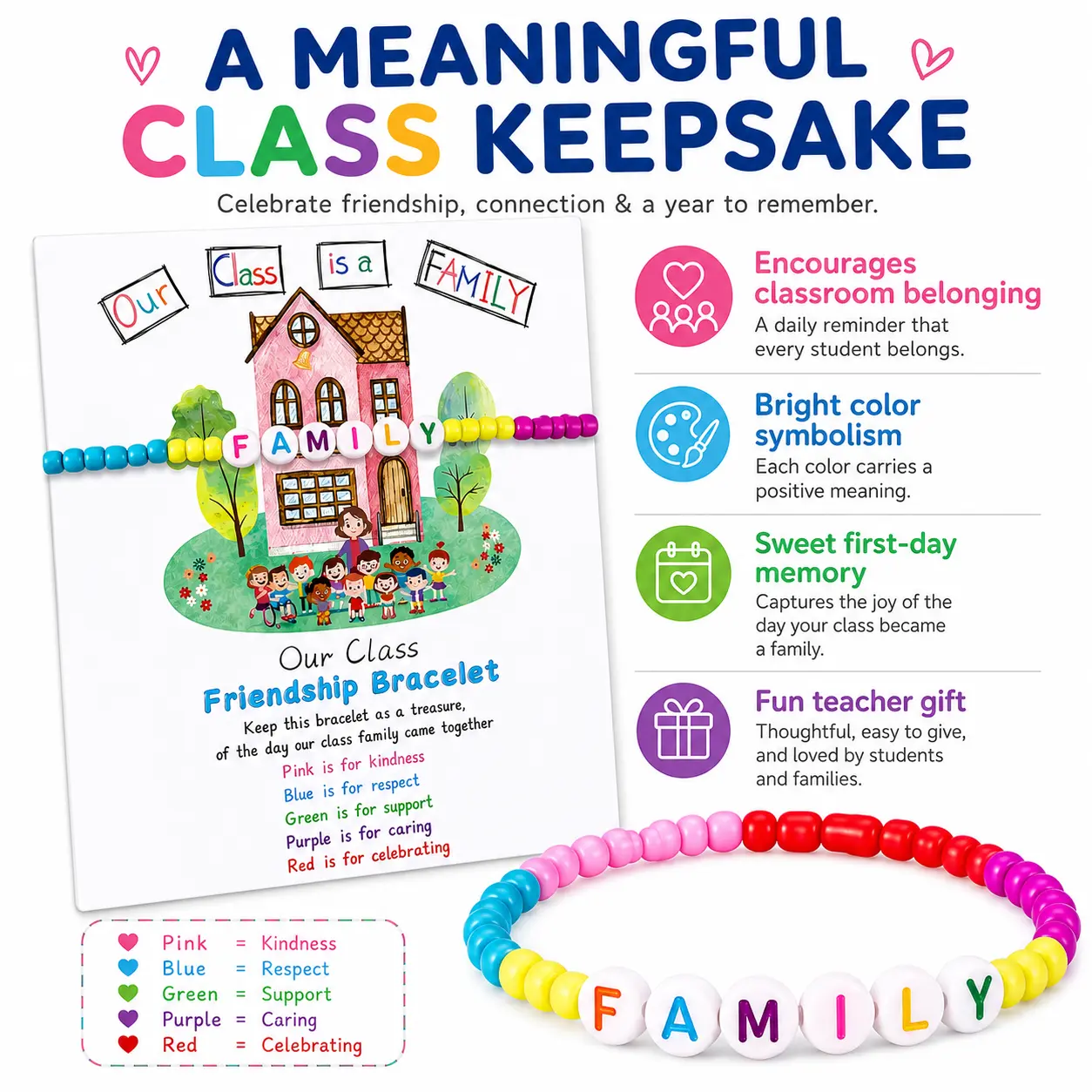 Back to School Friendship Bracelets Set Classroom Gifts for Student Include Our Class Is a Family Greeting Card and Welcome First Day of School Friendship Bracelet with Bags Gift for Kindergarten Elementary Classroom Reward Party Goodie Bag Stuffers