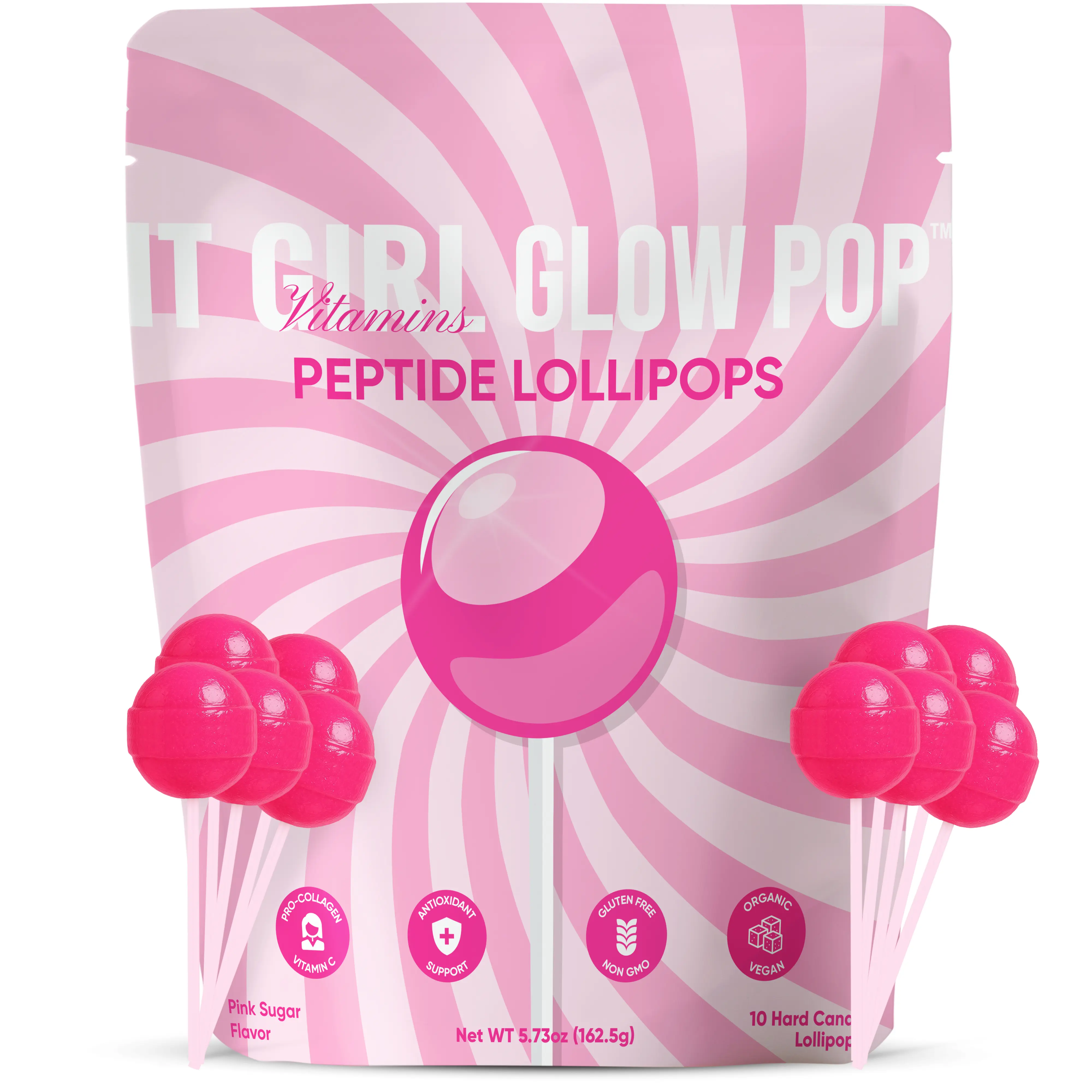IT GIRL GLOW POP Low Sugar Peptide, Collagen, Protein & Vitamin C Healthy Lollipops, Gluten Free Candy Snack, 10-Pack Pink Sugar Flavor for Adults & Teens, Healthy Snacks to Buy