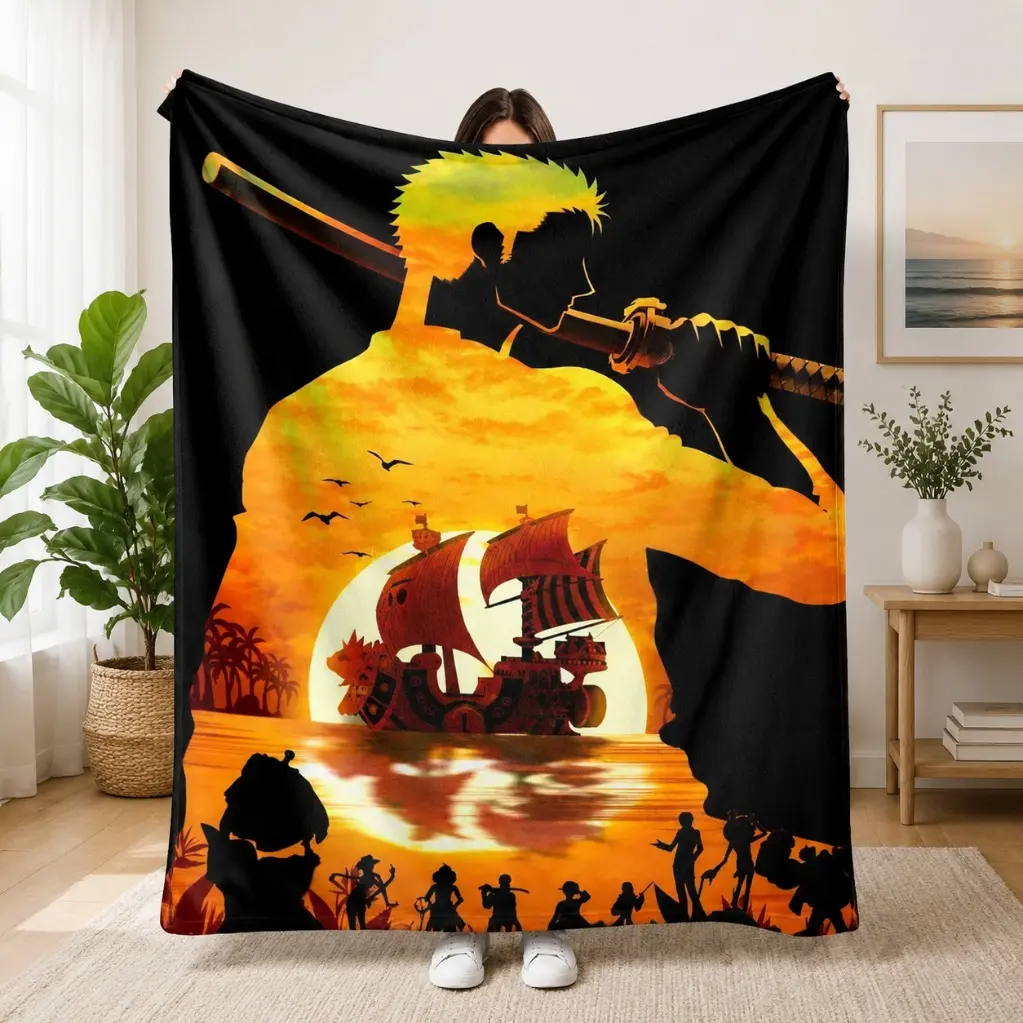 Sunset Pirate Ship Voyage Flannel Blanket Ocean Adventure Silhouette Print Design Soft Warm Lightweight Cozy Breathable Decorative Throw Perfect for Sofa Couch Bedroom Office Travel Gift Home Decor tiktokshopspringglowup