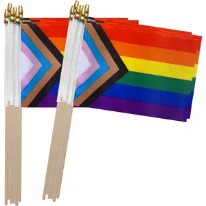 Progress Rainbow Gay Pride Stick Flag Small Mini Hand Held LGBT Flags, 5x8 Inch, 12 Pack Flower Wood Banners Colorful