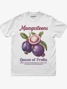 Men's & Women's Mangosteens Fruit Print T-Shirt - 220GSM Pure Cotton Retro Round Neck Short Sleeve Tee with Mangosteen Juice/fruit pulp Graphic - Casual Summer & Year-Round Apparel
