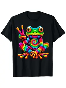 Tie-Dye Frog Peace Sign Hippie T-Shirt for Men & Women - 100% Anti-Shrink Casual Tee, Vibrant Psychedelic Print, Regular Fit Short Sleeve, S-3XL, Black - Unisex Gift for Dad Mom Friends, Frog T Shirt, Travelfriendly Shirt, Bohemian Fashion