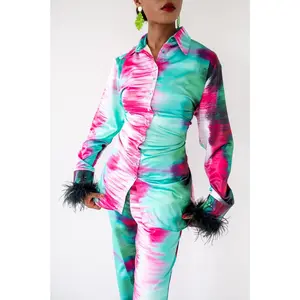 Nawra Long Sleeve Lace Up Back Shirt with Feather Sleeves