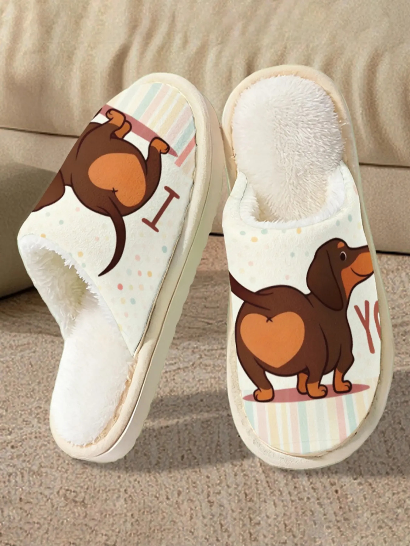 Dachshund 'I Love You' Ladies Home Shoes, Men's Indoor Slippers, Couple-Friendly, Fall Winter Comfortable Cartoon Print Slip-Ons, Warm Slippers, House Slipper, EVA Slippers, Woof Slippers