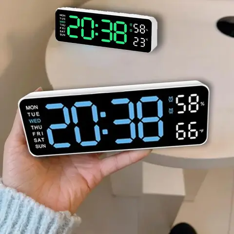 10" HD LED Digital Wall Clock - ABS Home Decor Kitchen Accessory, USB Power + Backup, Sleep-Safe Dimming, Snooze Alarm, Large Display, Temperature, Countdown, 12/24H Modern Blue/White/Orange Specialty Kitchen Gadget