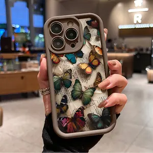 Vintage Newspaper Colorful Butterfly Print Pattern Phone Case for iPhone 16 15 14 Pro Max 13 12 11 XR XS Plus Shockproof Drop Protection Rugged Durable Silicone Cover