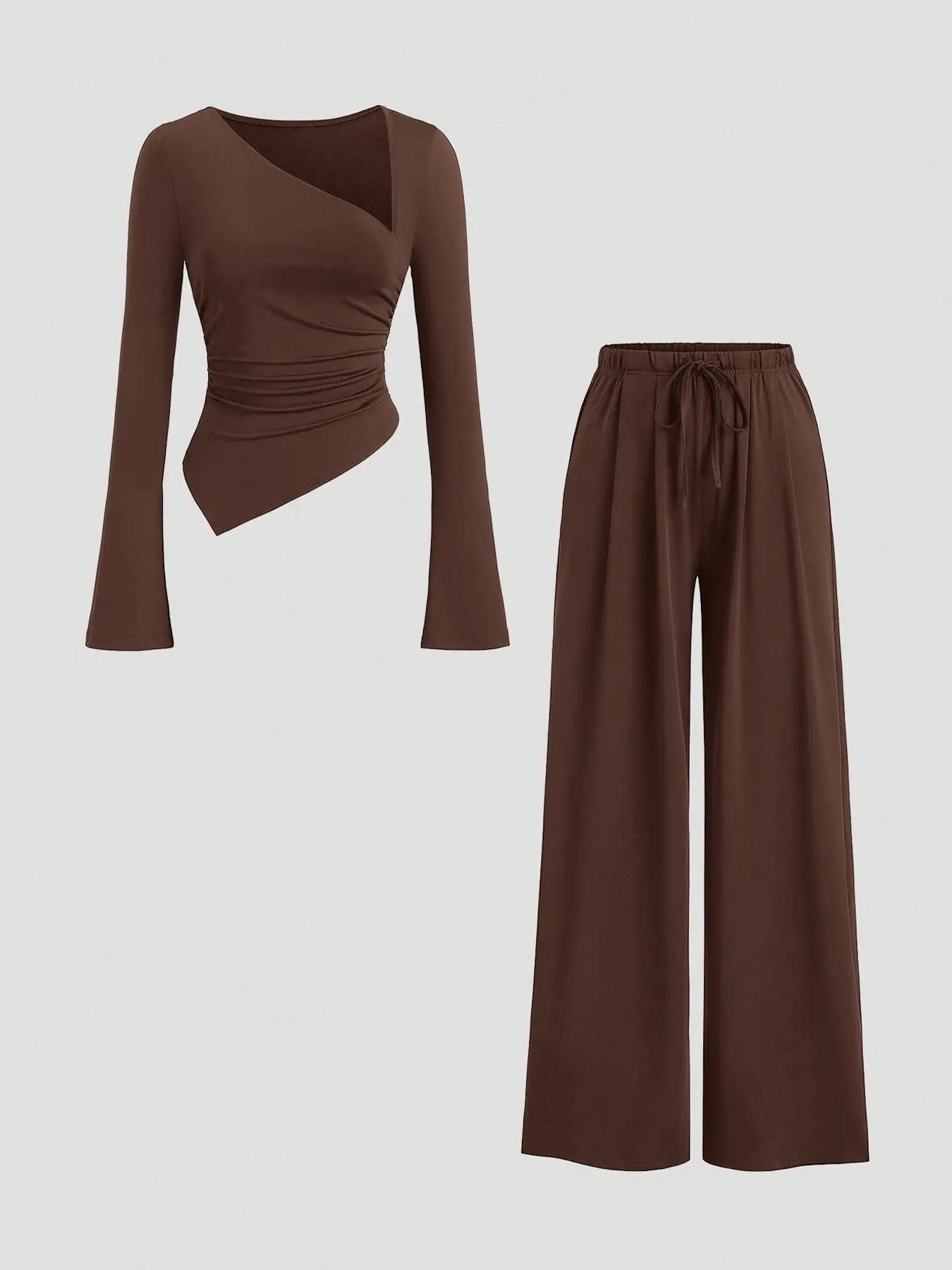Women's Asymmetrical Neck Long Sleeve Top + Drawstring Waist Adjustable Casual Pants Set, Loose-Fitting Solid Fall & Winter Fashion Womenswear