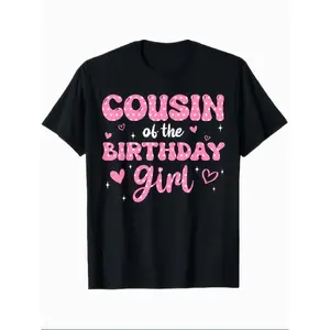 WomenS Cousin of the Birthday Girl Graphic T-Shirt - Soft Retro Birthday Party Outfit with Hearts & Stars Print, Round Neck Casual & Celebration Top for Cousins Matching Outfits, All-Season Comfortable Casual Attire, Fun Design, Playful Print