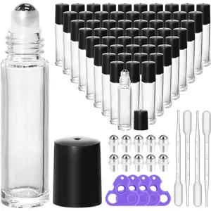 54 Pack Clear Essential Oil Roller Bottles - 10ml Glass Roll- Bottles with Stainless Steel Roller Balls & Caps, Refillable Perfume Containers for Travel & DIY
