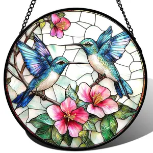 Blue White Hummingbirds Pink Flowers Stained Glass Suncatcher Window Hanging, Bird Sun Catcher Decor Gift for Women, Mom