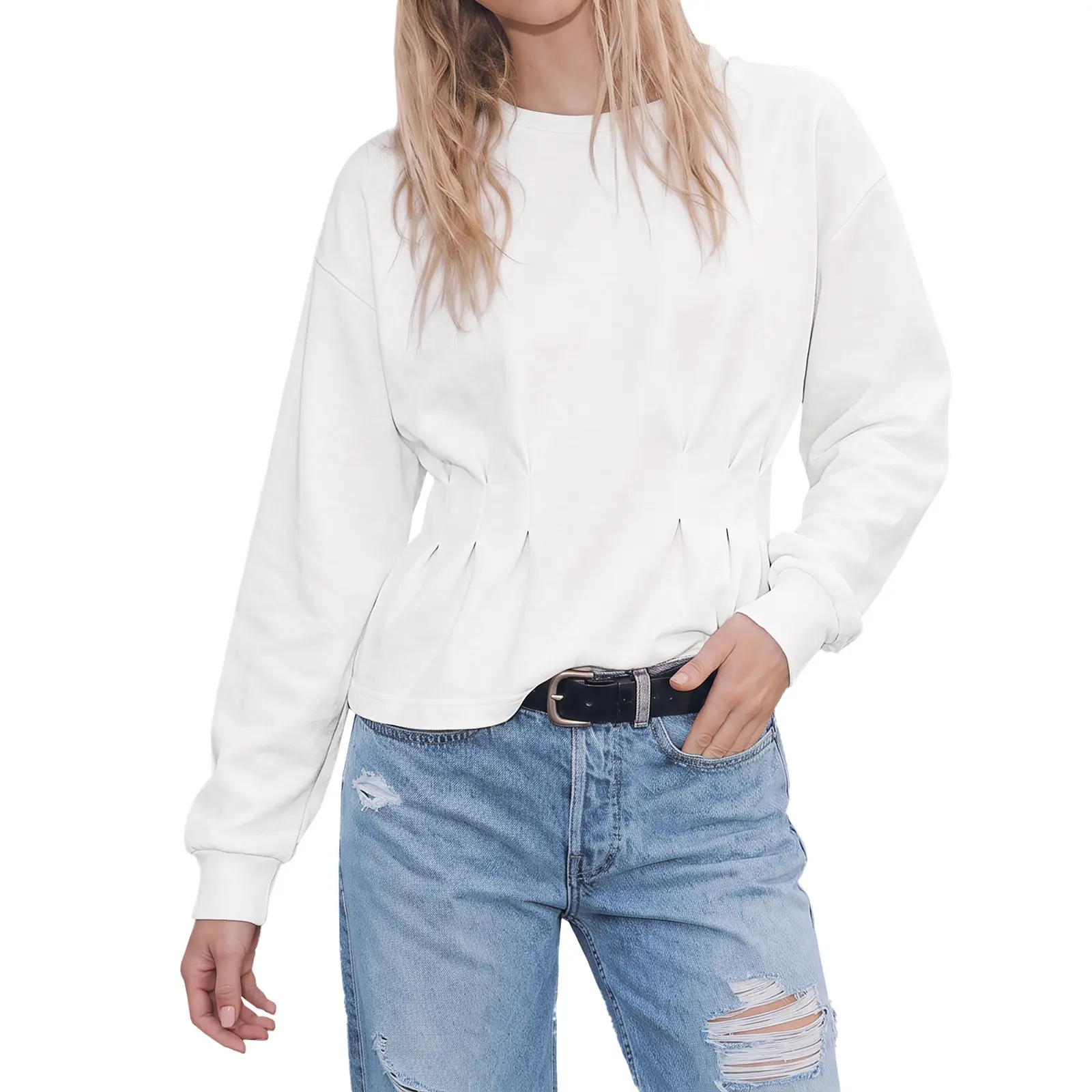 Imily Bela Women's Basic Long Sleeve Sweatshirt Cinched Waist Crewneck Casual Sweatshirt Flattering Pullover Top