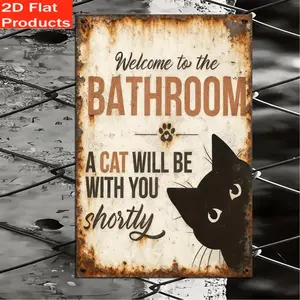Vintage Wooden Welcome Sign Featuring a Cat with Elegant 2D Flat Decorative Design Ideal for Bathroom Restroom and Toilet Decor Perfect Holiday Gift