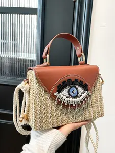 Women's Fashionable Straw Bag, Straw Crossbody Bag, Boho Style Handbag with Eye Design Charm, Casual Versatile Shoulder Bag, Handheld Bag Purse for Daily Travel, Shopping, Street Travel, Vacation, Beach